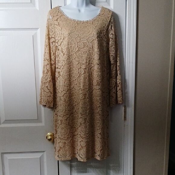 Brittany Black nude lace bell sleeve dress Sz L EUC - Picture 1 of 6